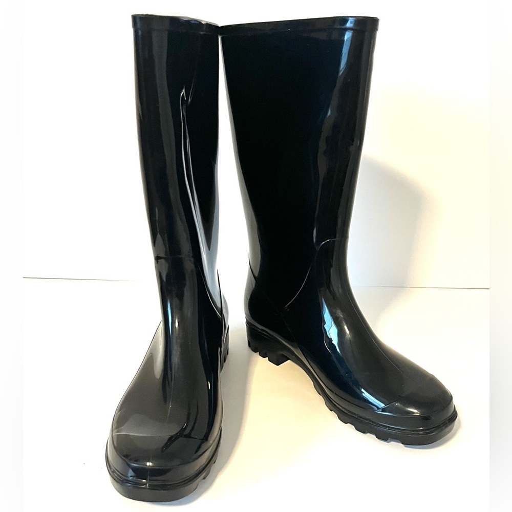 Time And Tru Women’s Black Glossy Mid Calf Pull On Rain Boots PVC Chunky Sole 7
